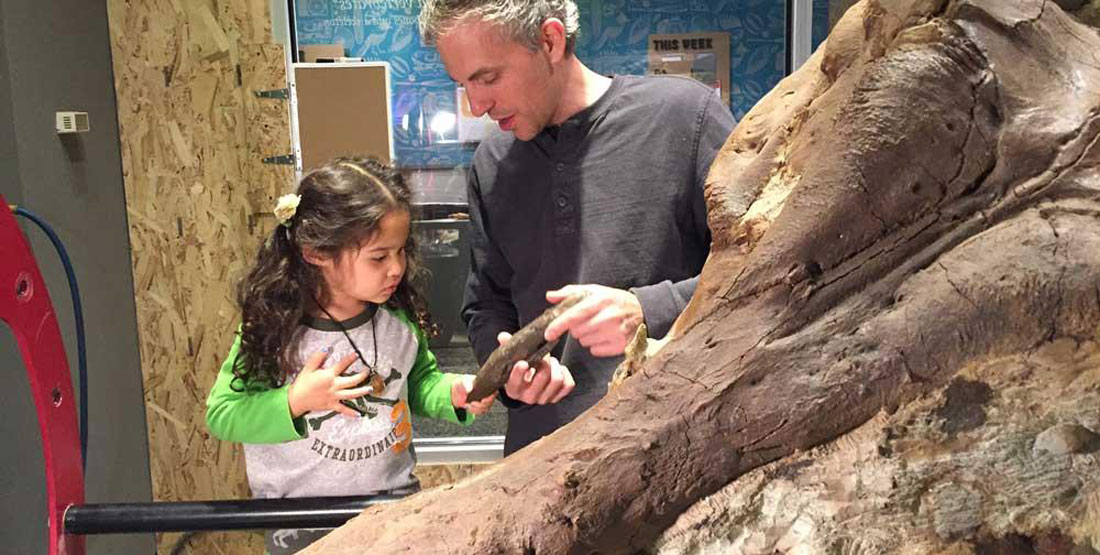 a man holds a fossil to show a little girl with the T. rex skull in front of them